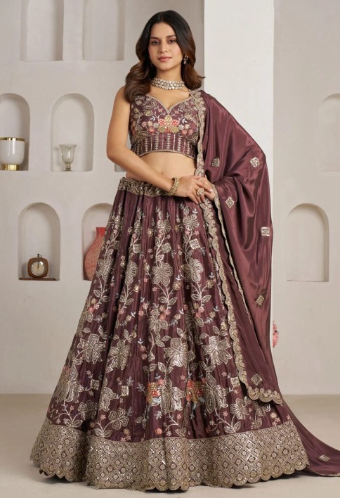 Wine Crepe Silk Embroidered, Sequins and Zari Work Lehenga Choli for Engagement