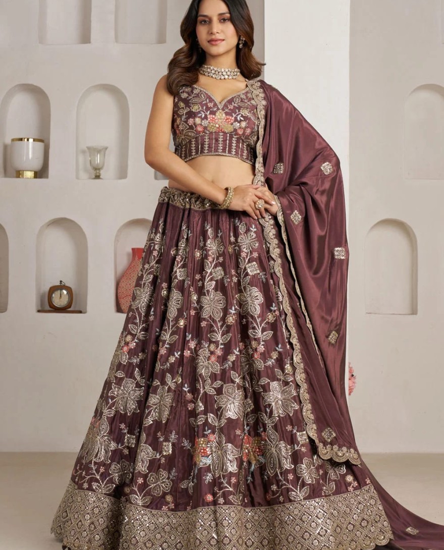 WINE - Wine Crepe Silk Embroidered, Sequins and Zari Work Lehenga Choli for Engagement