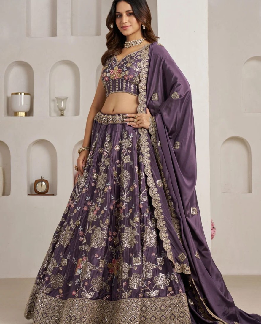 PURPLE - Purple Crepe Silk Lehenga Choli with Embroidered, Sequins and Zari Work