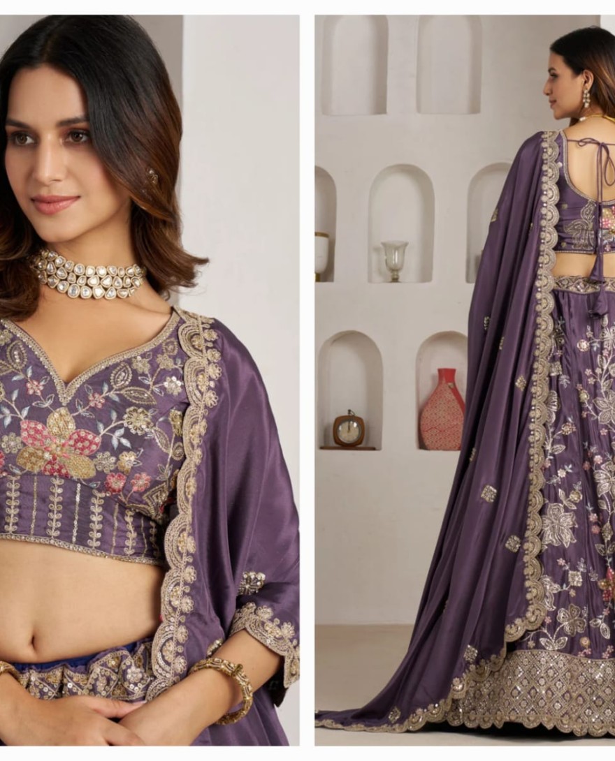 PURPLE - Purple Crepe Silk Lehenga Choli with Embroidered, Sequins and Zari Work