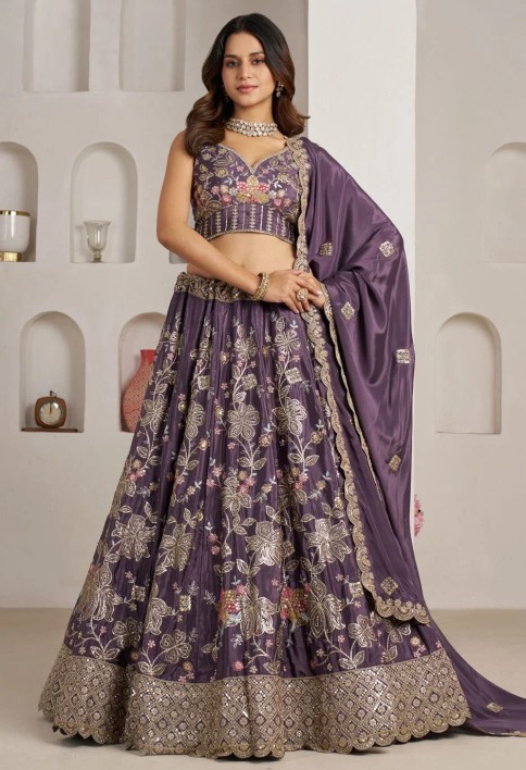 Purple Crepe Silk Lehenga Choli with Embroidered, Sequins and Zari Work