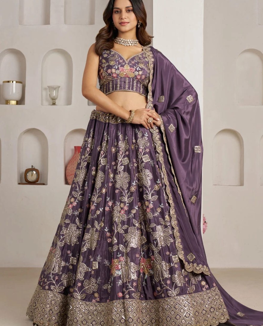 PURPLE - Purple Crepe Silk Lehenga Choli with Embroidered, Sequins and Zari Work