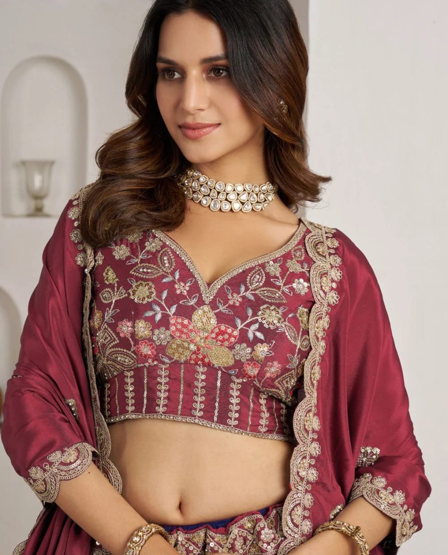 MAROON - Embroidered, Sequins and Zari Work Crepe Silk Lehenga Choli In Maroon for Engagement