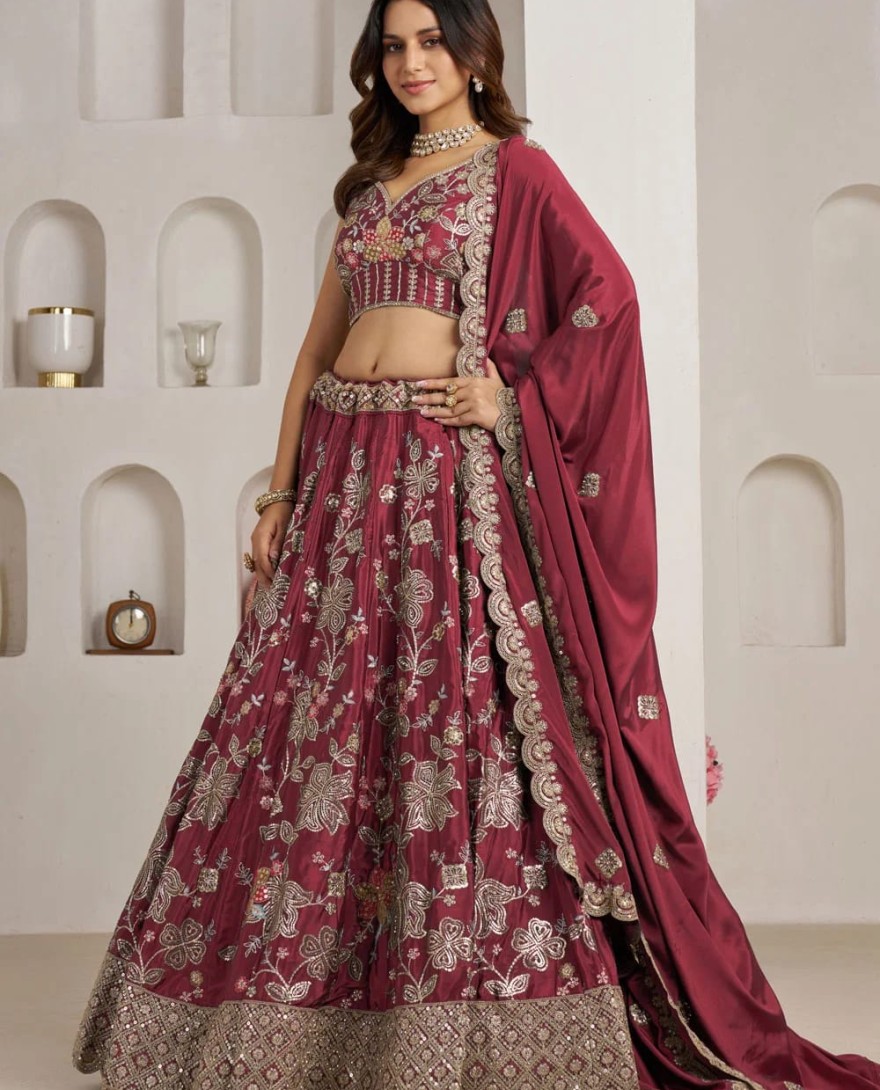 MAROON - Embroidered, Sequins and Zari Work Crepe Silk Lehenga Choli In Maroon for Engagement
