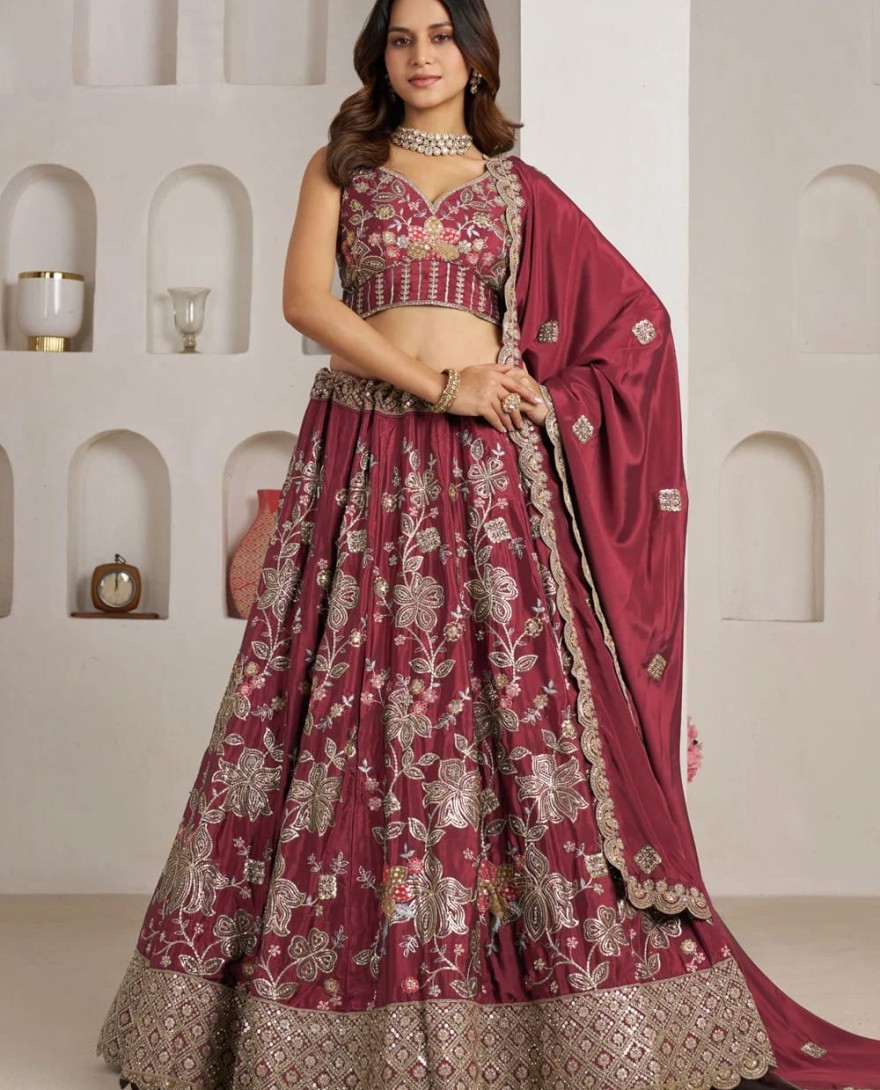 MAROON - Embroidered, Sequins and Zari Work Crepe Silk Lehenga Choli In Maroon for Engagement