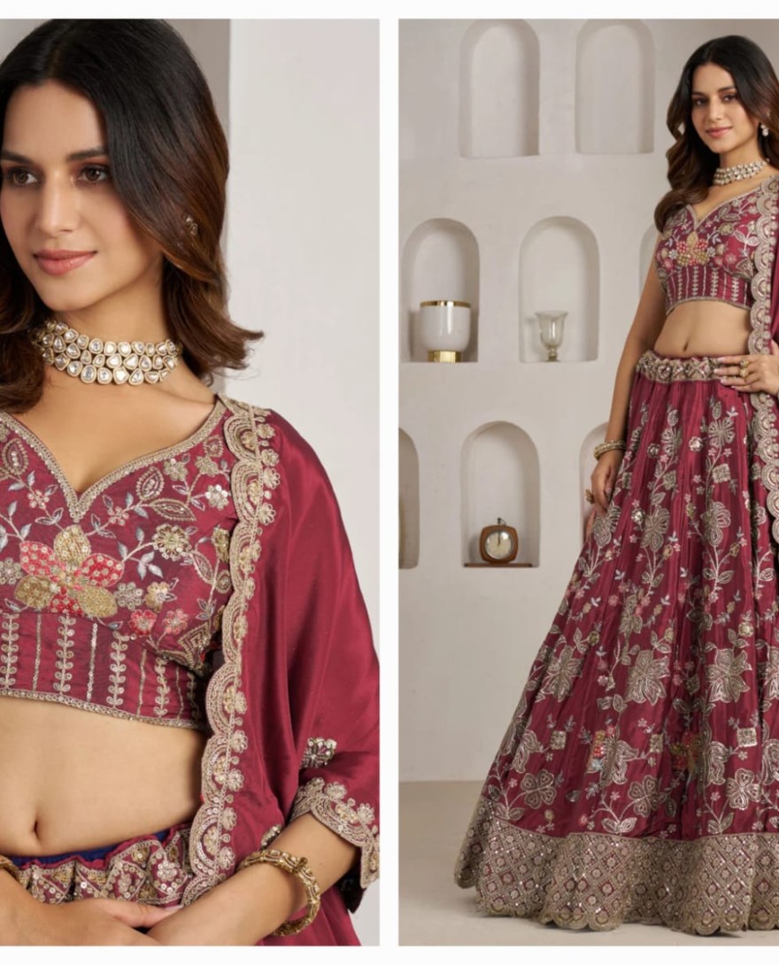 MAROON - Embroidered, Sequins and Zari Work Crepe Silk Lehenga Choli In Maroon for Engagement