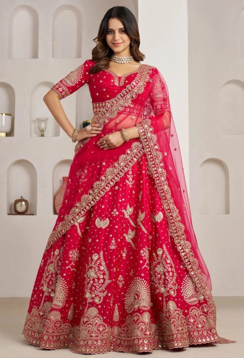 Pink Silk Lehenga Choli with Diamond, Embroidered, Sequins and Zari Work for Engagement