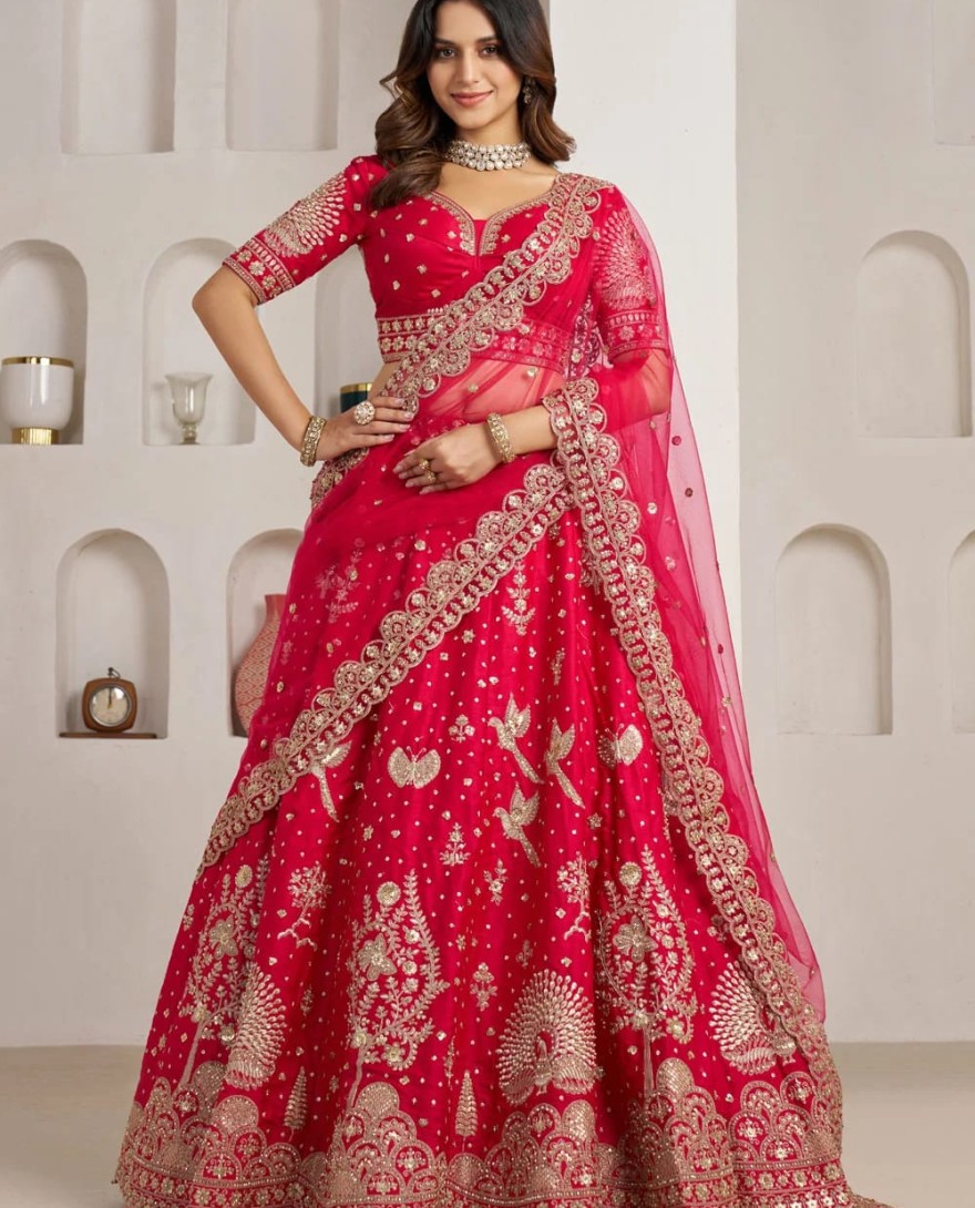 PINK - Pink Silk Lehenga Choli with Diamond, Embroidered, Sequins and Zari Work for Engagement