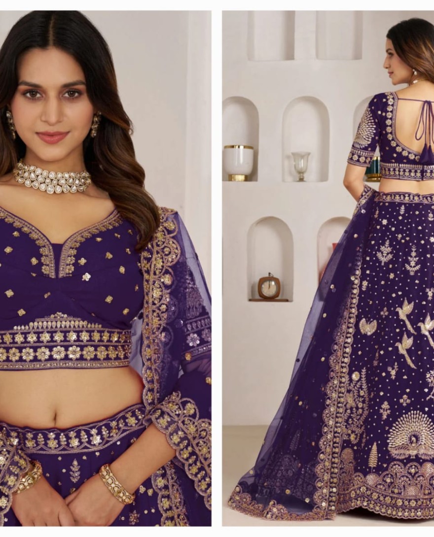 PURPLE - Diamond, Embroidered, Sequins and Zari Work Silk Lehenga Choli In Purple for Engagement