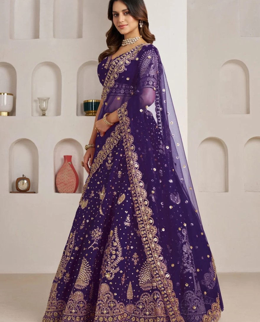 PURPLE - Diamond, Embroidered, Sequins and Zari Work Silk Lehenga Choli In Purple for Engagement