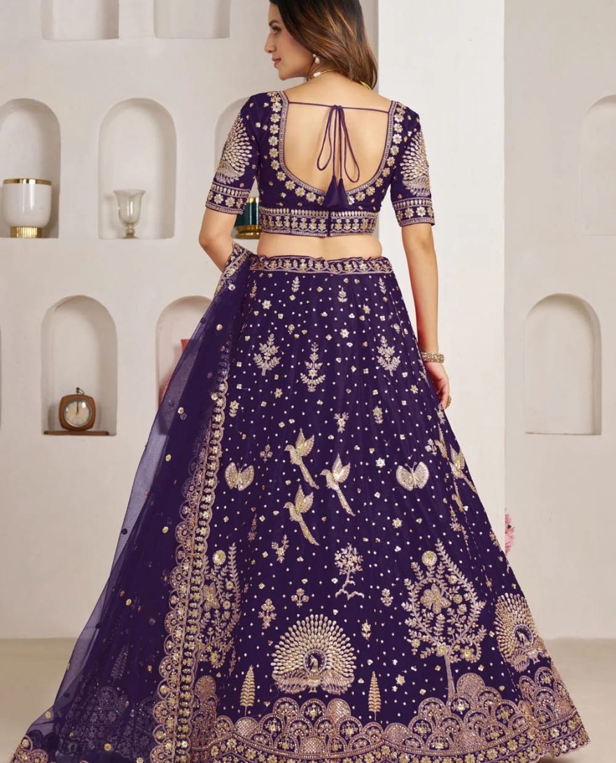 PURPLE - Diamond, Embroidered, Sequins and Zari Work Silk Lehenga Choli In Purple for Engagement
