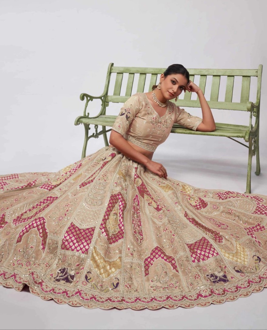 492ivory - Pretty Pink and Ivory paisley Motifs traditional embroidered wedding Lehenga
