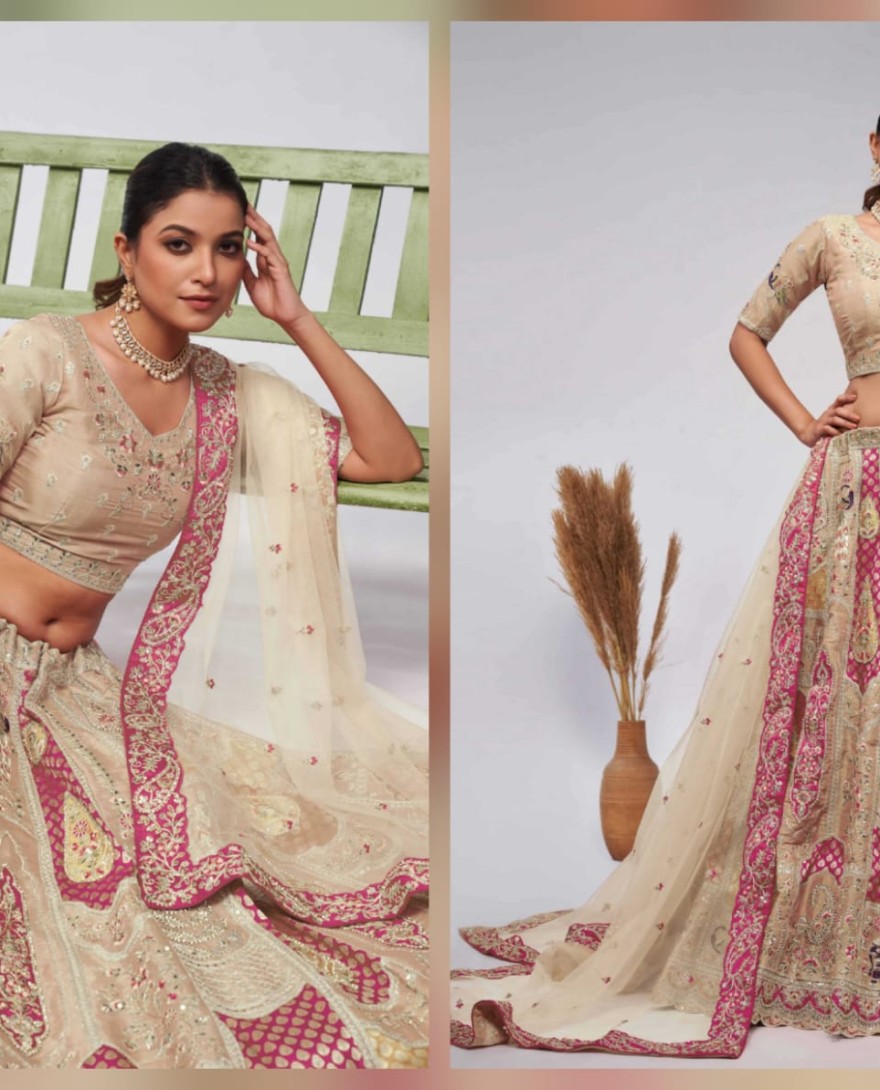 492ivory - Pretty Pink and Ivory paisley Motifs traditional embroidered wedding Lehenga