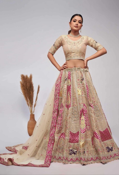 Pretty Pink and Ivory paisley Motifs traditional embroidered wedding Lehenga