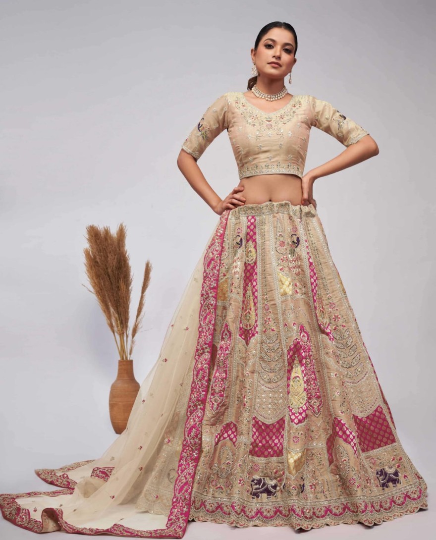 492ivory - Pretty Pink and Ivory paisley Motifs traditional embroidered wedding Lehenga