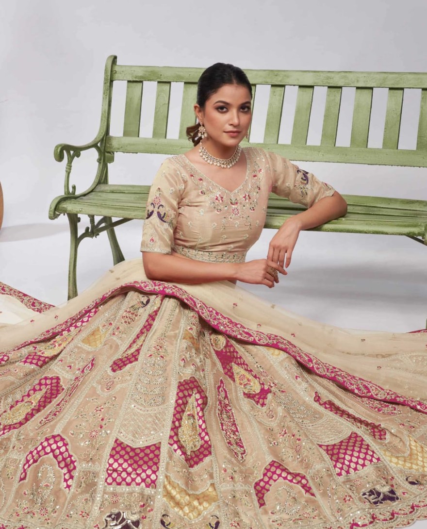 492ivory - Pretty Pink and Ivory paisley Motifs traditional embroidered wedding Lehenga