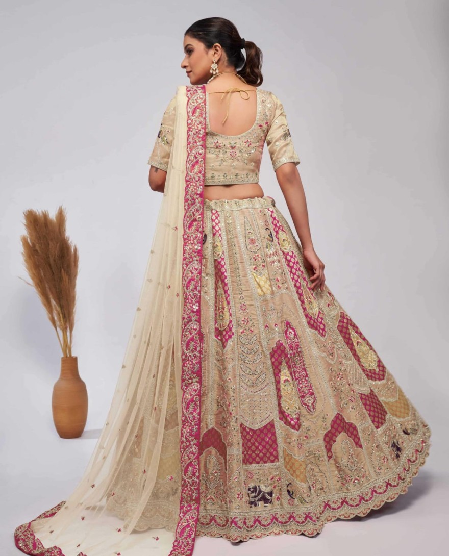 492ivory - Pretty Pink and Ivory paisley Motifs traditional embroidered wedding Lehenga