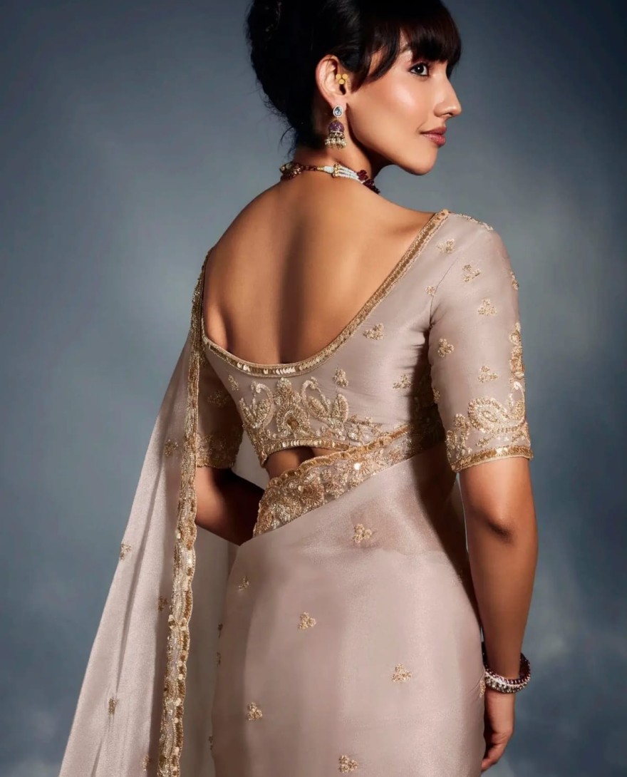 BEIGE - Attractive Beige Sequins Work Organza Function Wear Saree With Blouse