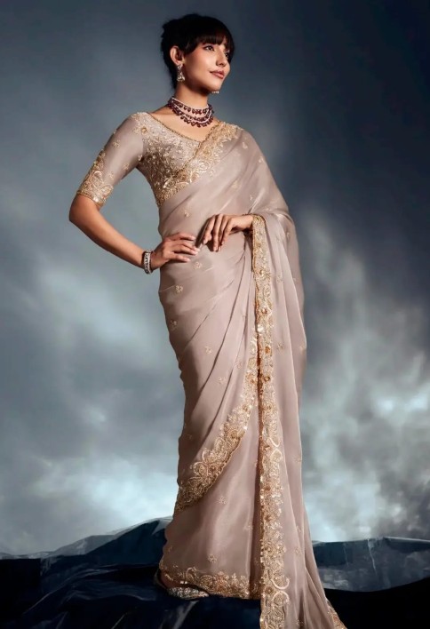 Attractive Beige Sequins Work Organza Function Wear Saree With Blouse