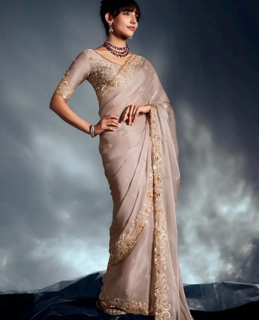 BEIGE - Attractive Beige Sequins Work Organza Function Wear Saree With Blouse