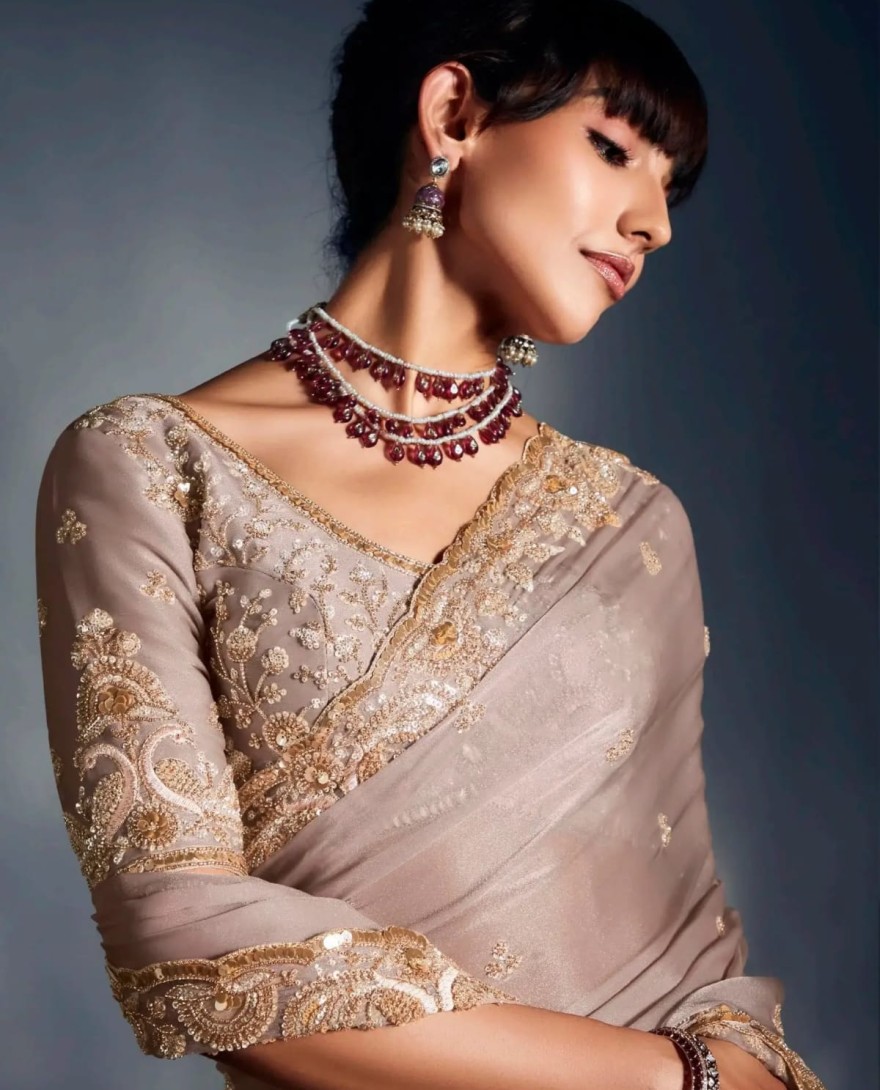 BEIGE - Attractive Beige Sequins Work Organza Function Wear Saree With Blouse