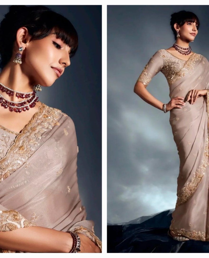 BEIGE - Attractive Beige Sequins Work Organza Function Wear Saree With Blouse