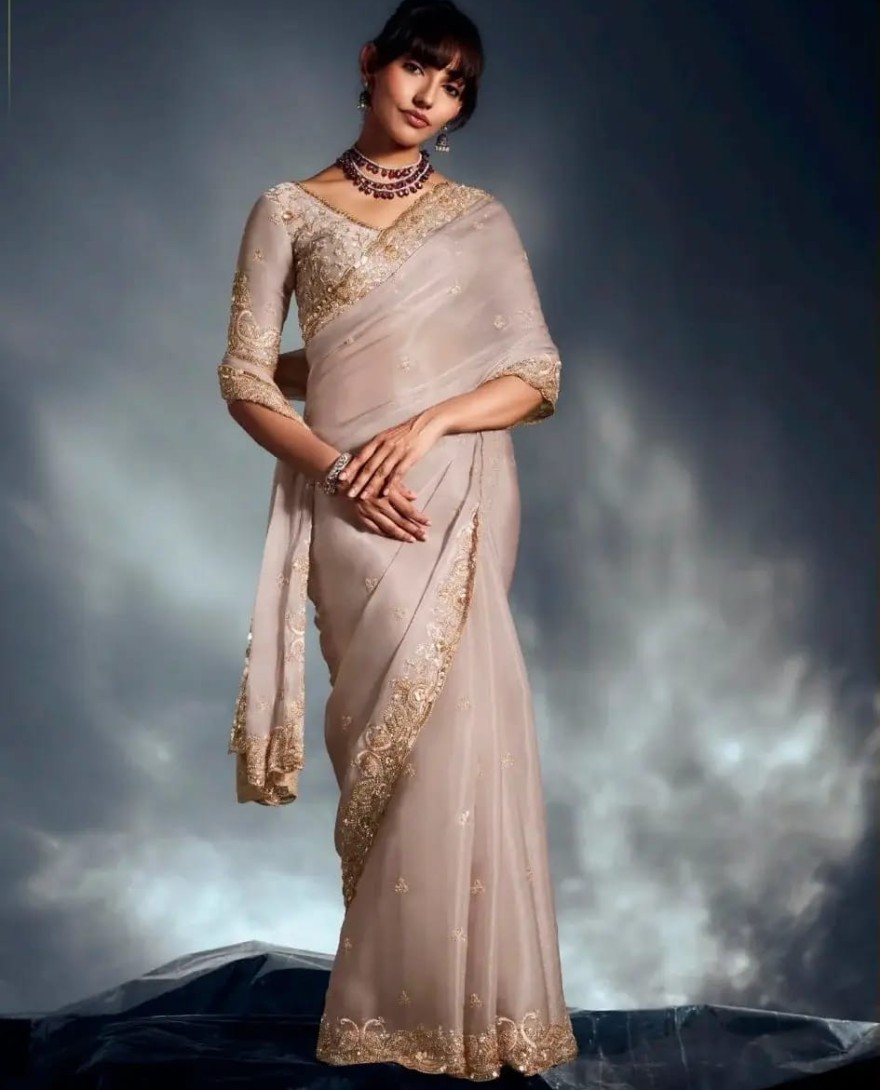 BEIGE - Attractive Beige Sequins Work Organza Function Wear Saree With Blouse