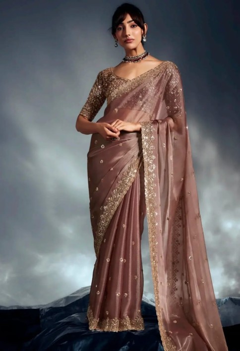 Pretty Dusky Brown Cutdana Embroidery Organza Bridesmaid Saree With Blouse