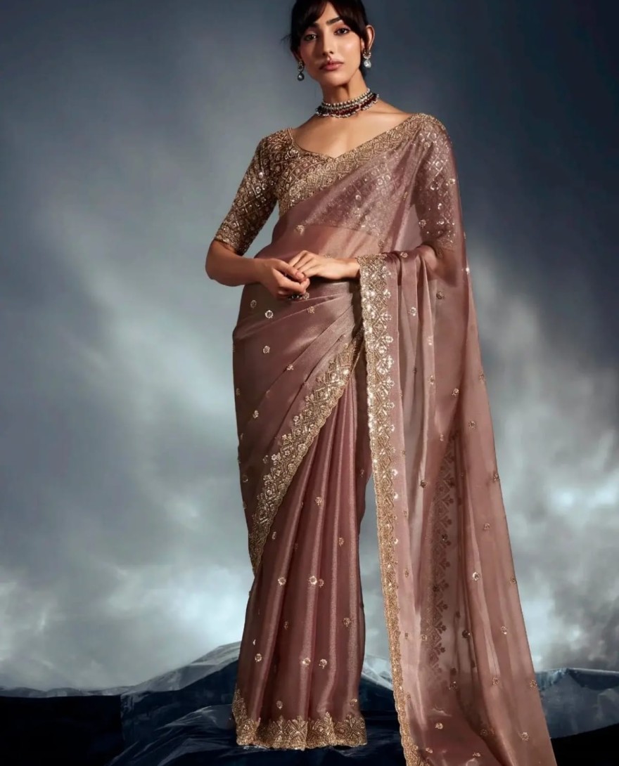 BROWN - Pretty Dusky Brown Cutdana Embroidery Organza Bridesmaid Saree With Blouse