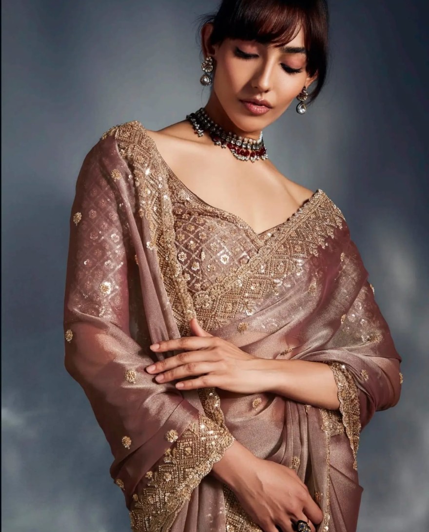 BROWN - Pretty Dusky Brown Cutdana Embroidery Organza Bridesmaid Saree With Blouse