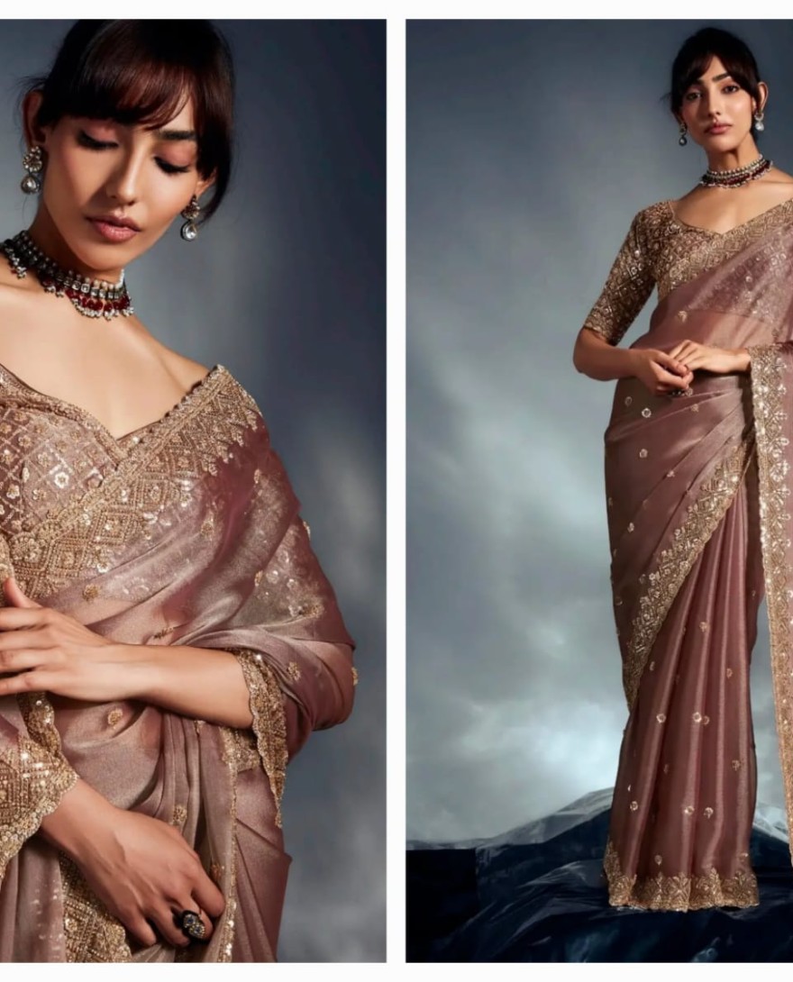 BROWN - Pretty Dusky Brown Cutdana Embroidery Organza Bridesmaid Saree With Blouse