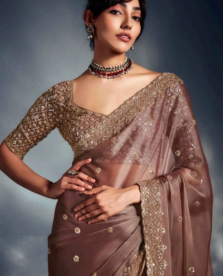 BROWN - Pretty Dusky Brown Cutdana Embroidery Organza Bridesmaid Saree With Blouse