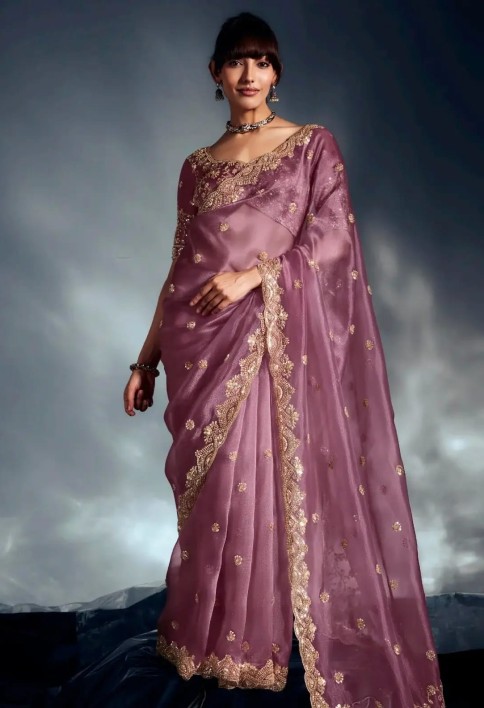 Captivating Lavender Khatli Work Organza Wedding Wear Saree With Blouse