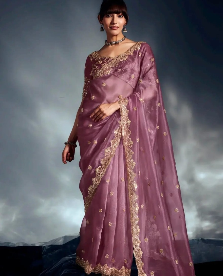 LAVENDER - Captivating Lavender Khatli Work Organza Wedding Wear Saree With Blouse