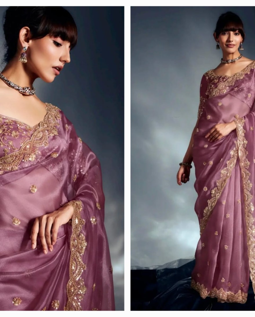 LAVENDER - Captivating Lavender Khatli Work Organza Wedding Wear Saree With Blouse