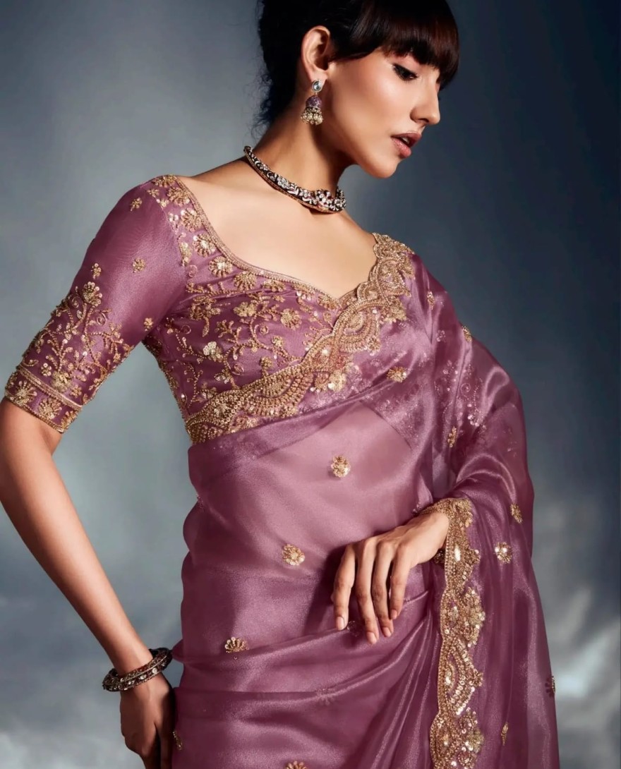 LAVENDER - Captivating Lavender Khatli Work Organza Wedding Wear Saree With Blouse