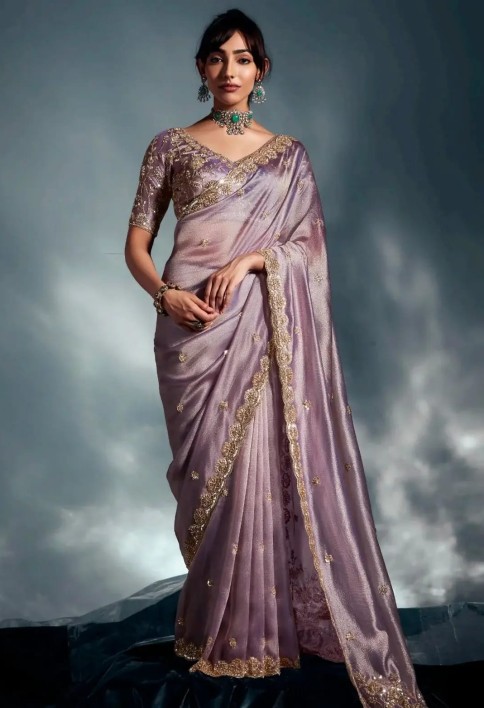 Dazzling Mauve Heavy Embroidered Organza Reception Wear Saree