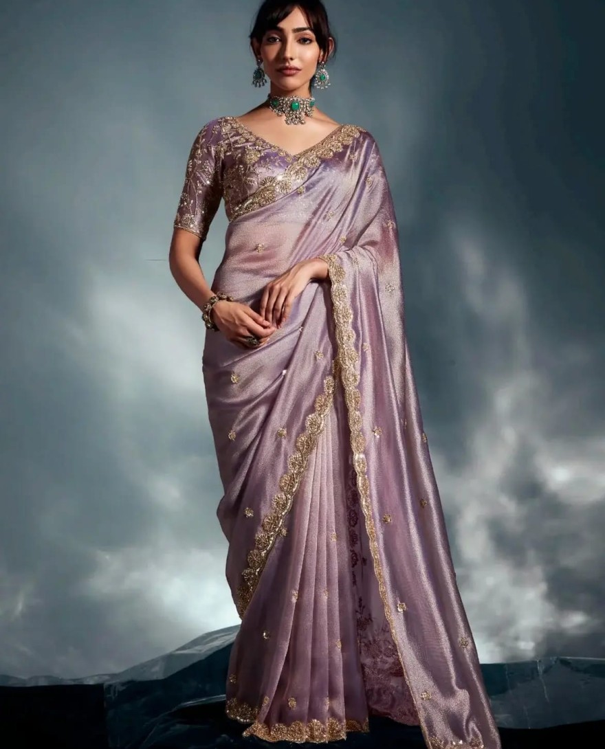 MAUVE - Dazzling Mauve Heavy Embroidered Organza Reception Wear Saree