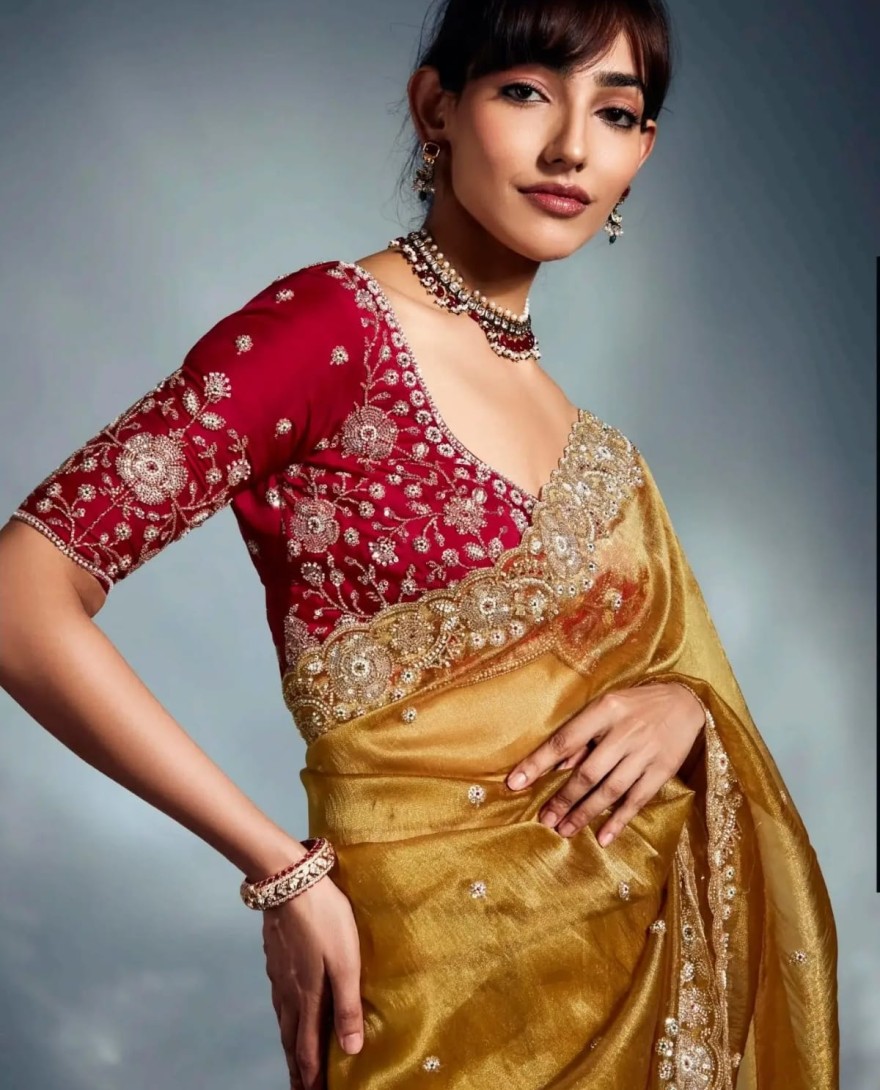 MUSTARD - Adorable Mustard Yellow Embroidered Organza Haldi Wear Saree With Blouse