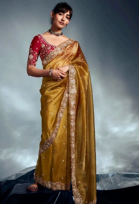 Adorable Mustard Yellow Embroidered Organza Haldi Wear Saree With Blouse