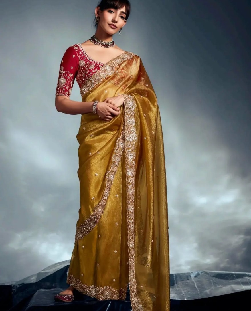 MUSTARD - Adorable Mustard Yellow Embroidered Organza Haldi Wear Saree With Blouse
