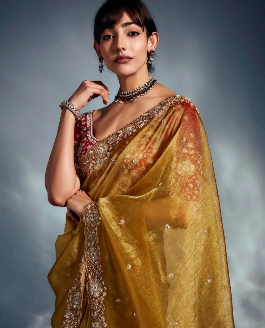 MUSTARD - Adorable Mustard Yellow Embroidered Organza Haldi Wear Saree With Blouse