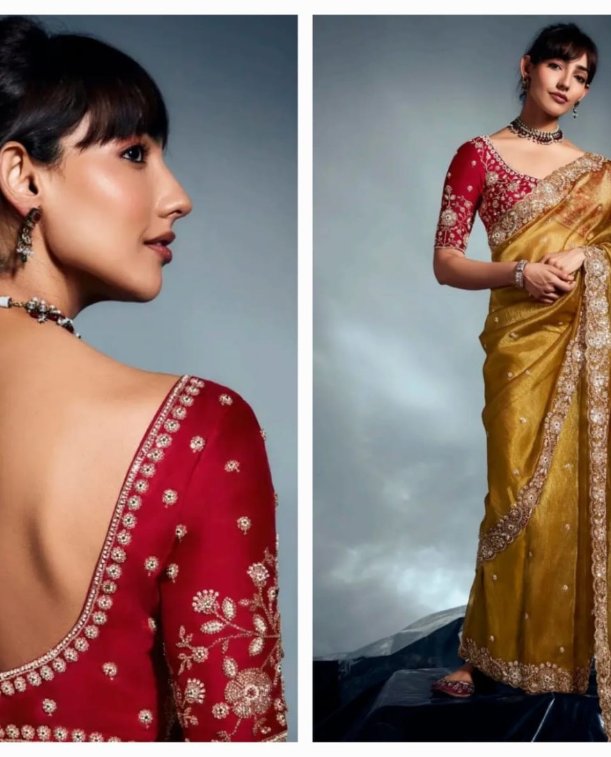 MUSTARD - Adorable Mustard Yellow Embroidered Organza Haldi Wear Saree With Blouse