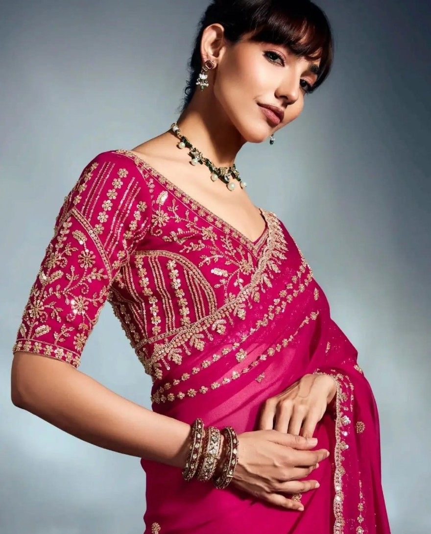 PINK - Alluring Hot Pink Cutdana Work Organza Engagement Wear Saree With Blouse
