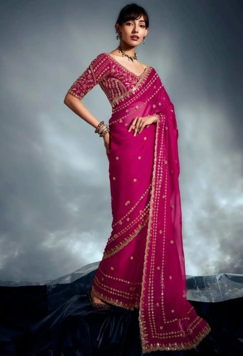 Alluring Hot Pink Cutdana Work Organza Engagement Wear Saree With Blouse