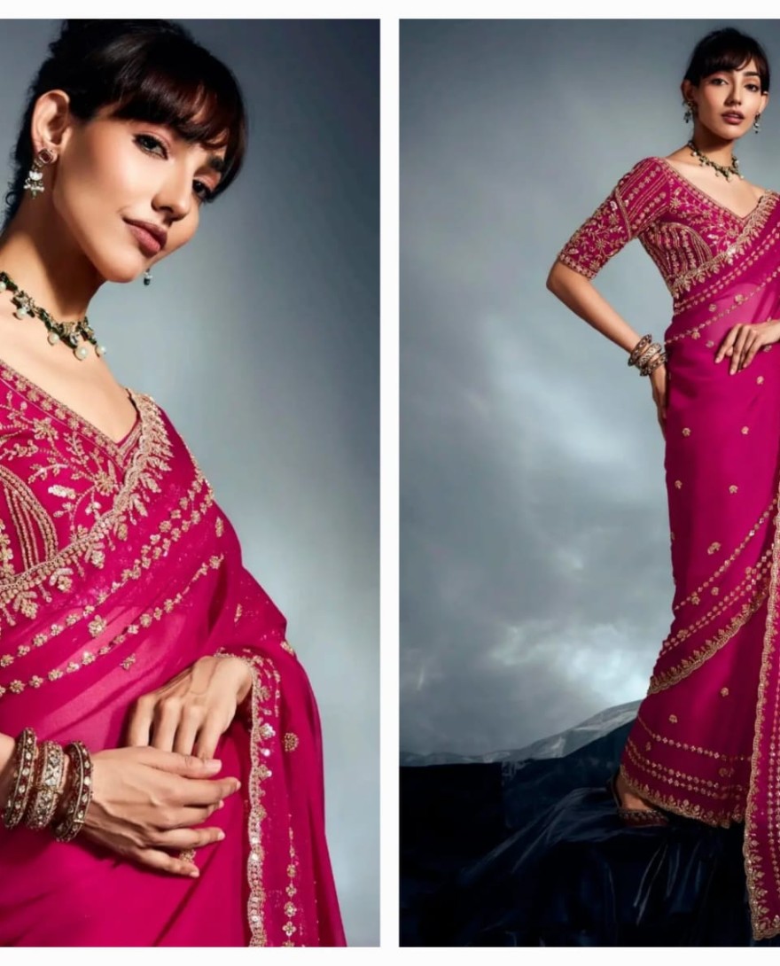 PINK - Alluring Hot Pink Cutdana Work Organza Engagement Wear Saree With Blouse