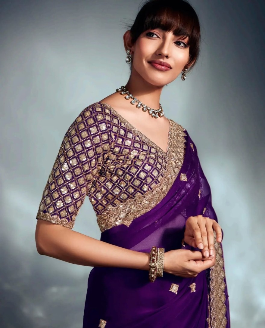 PURPLE - Beautiful Purple Heavy Embroidered Organza Designer Saree