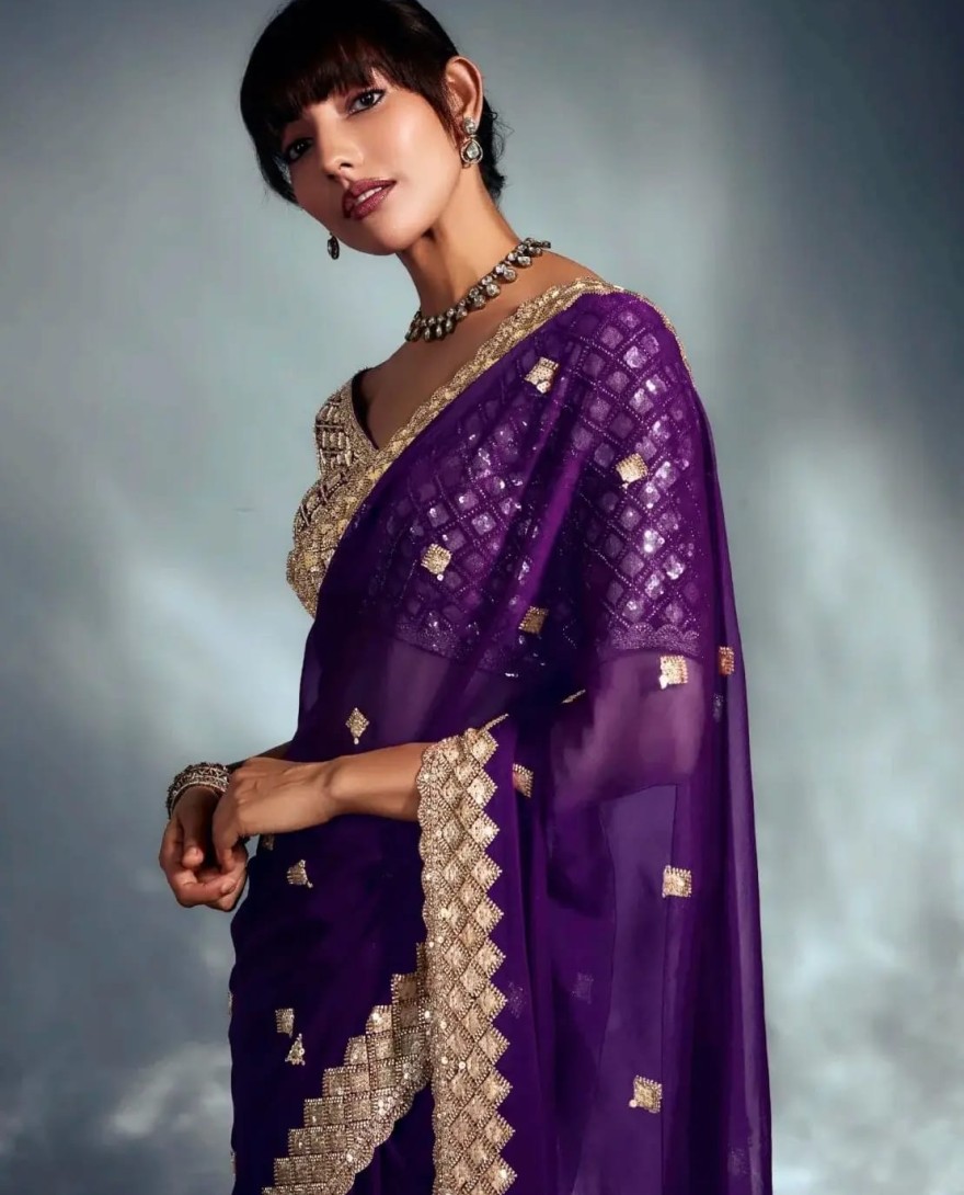 PURPLE - Beautiful Purple Heavy Embroidered Organza Designer Saree