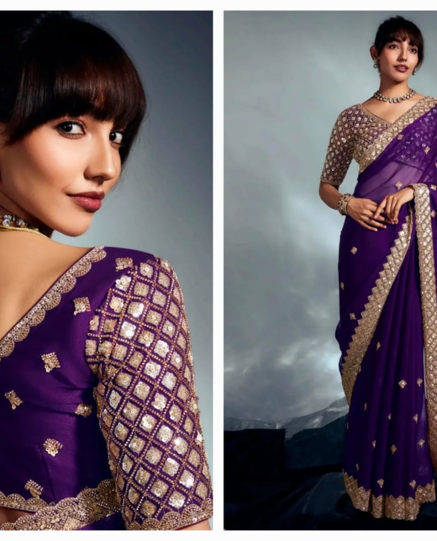 PURPLE - Beautiful Purple Heavy Embroidered Organza Designer Saree