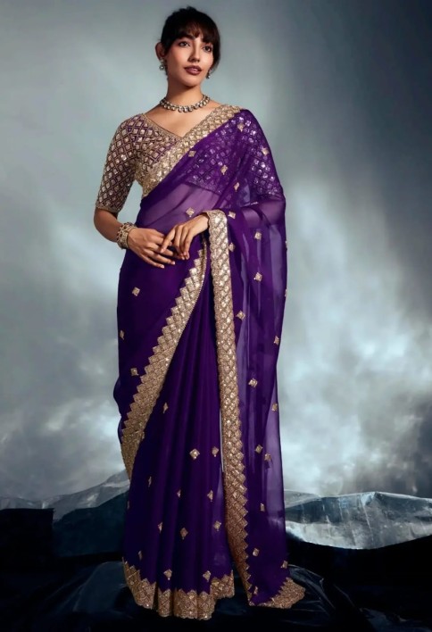 Beautiful Purple Heavy Embroidered Organza Designer Saree